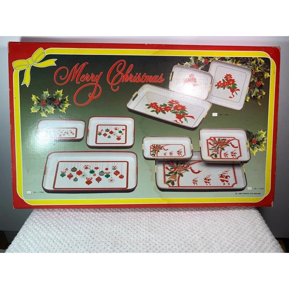 vintage 3 Piece Christmas Serving Laqure Tray Set in Box